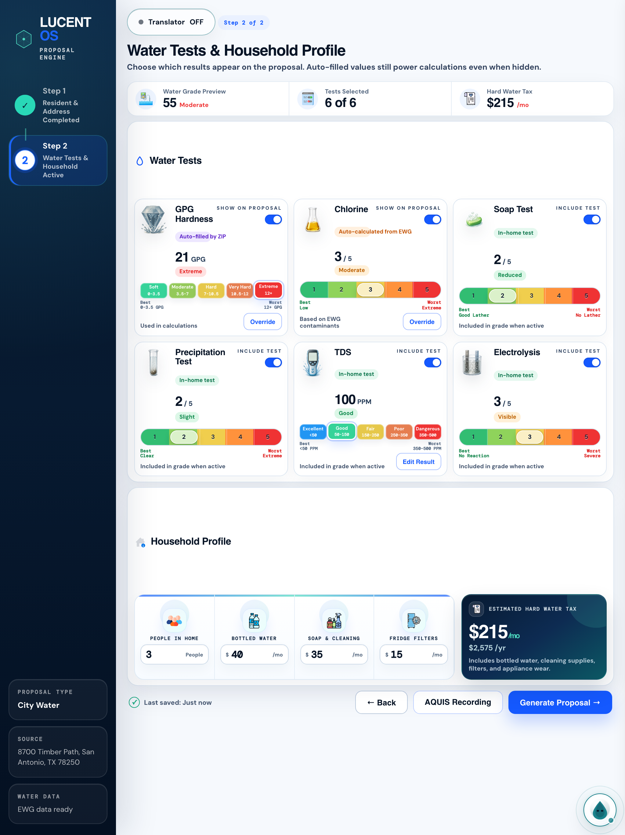 LucentOS in-home water test results with hardness, chlorine, precipitation, and TDS